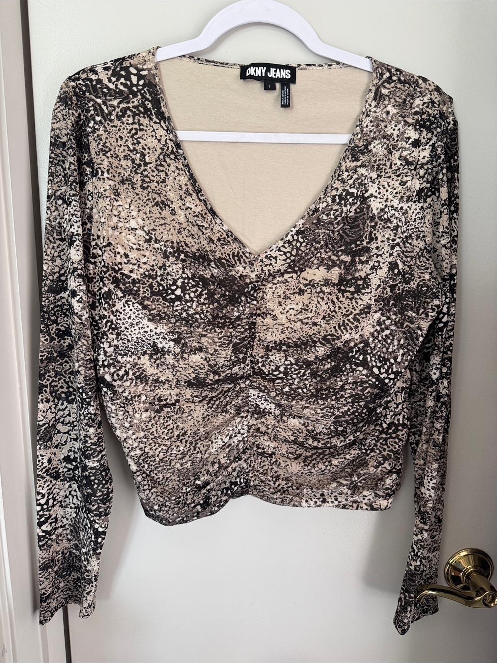 DKNY Long Sleeve V-Neck Top in Beige and Black Abstract Print